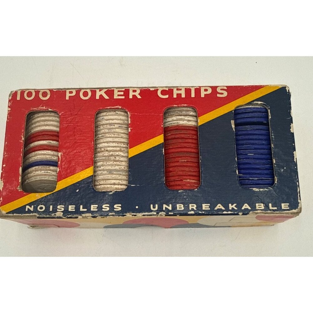 Box Vintage Dennison Embossed Poker Chips Red White Blue